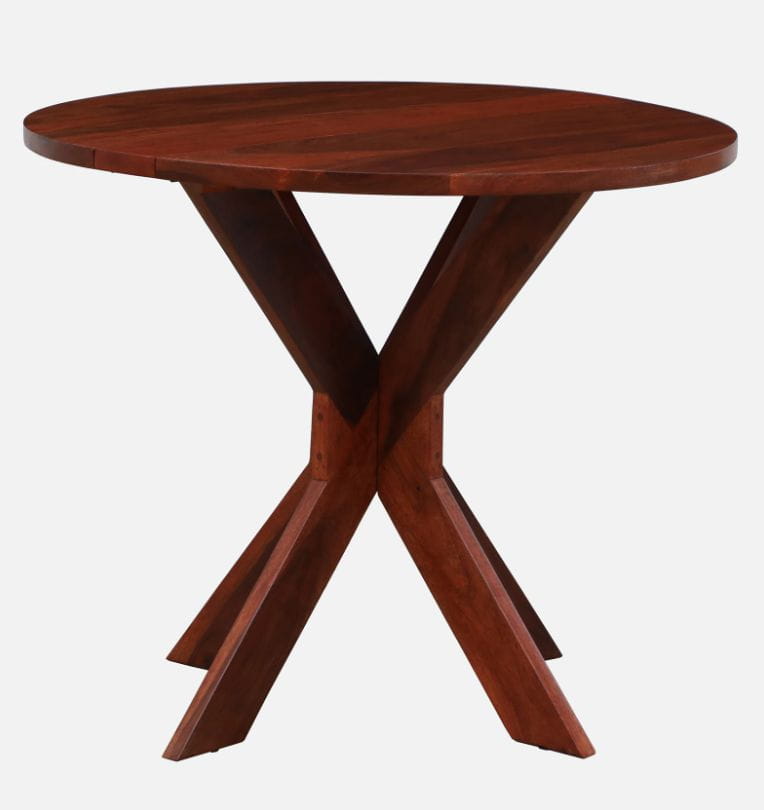 Wooden round table with crossed legs on a white background