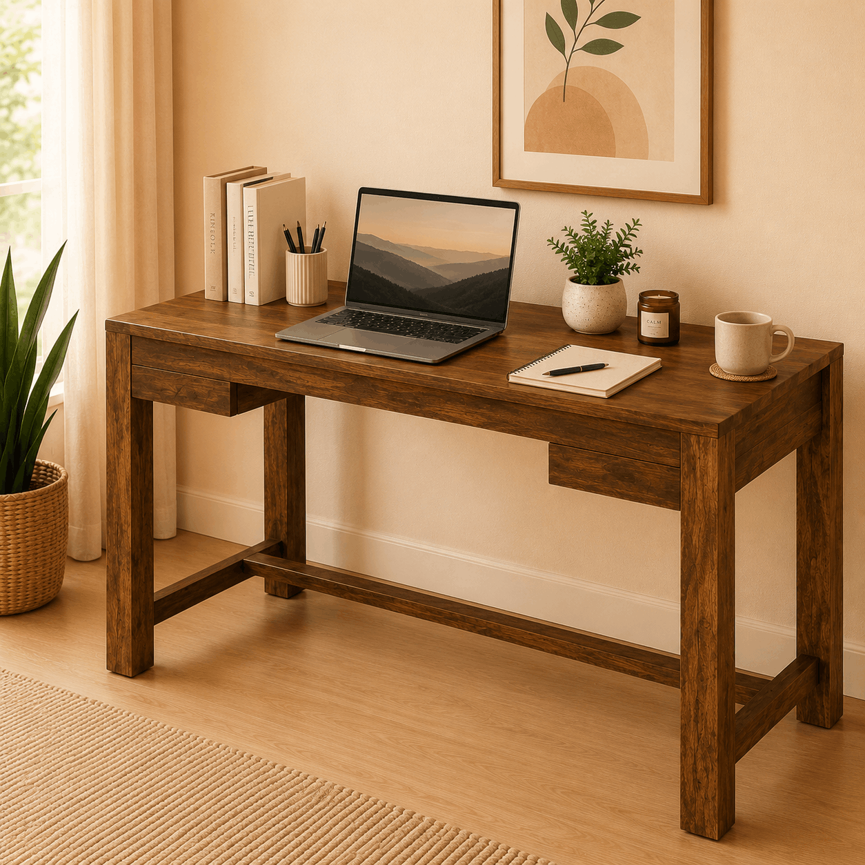 Wooden desk with laptop, books, and decor in a home office setting