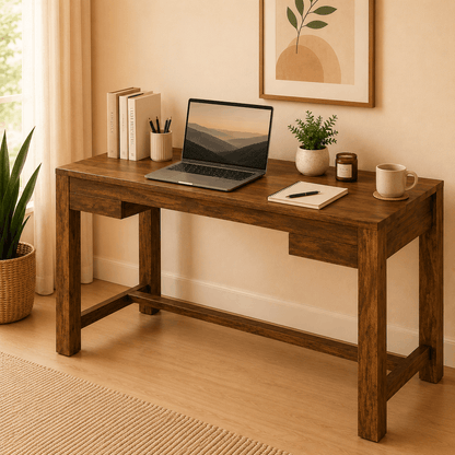 Wooden desk with laptop, books, and decor in a home office setting