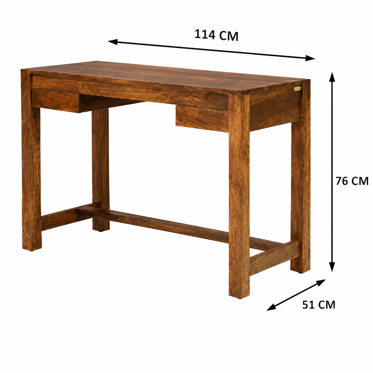 Wooden desk with dimensions labeled on a white background