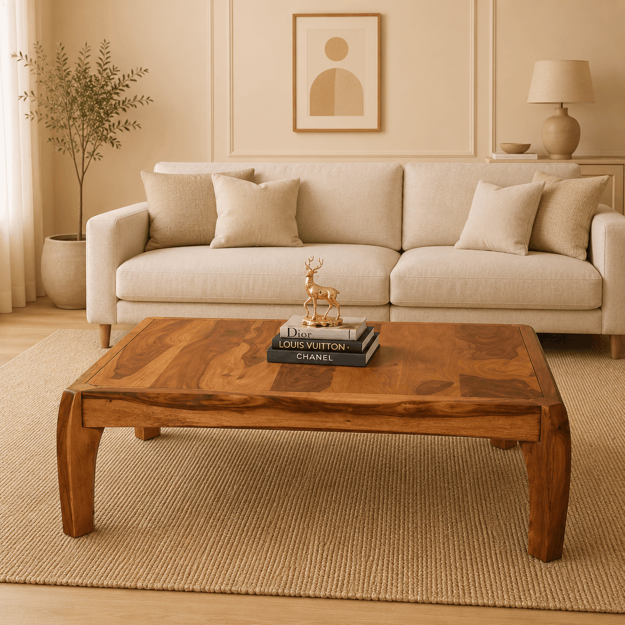 Beige sofa with decorative pillows and a wooden coffee table in a living room setting.