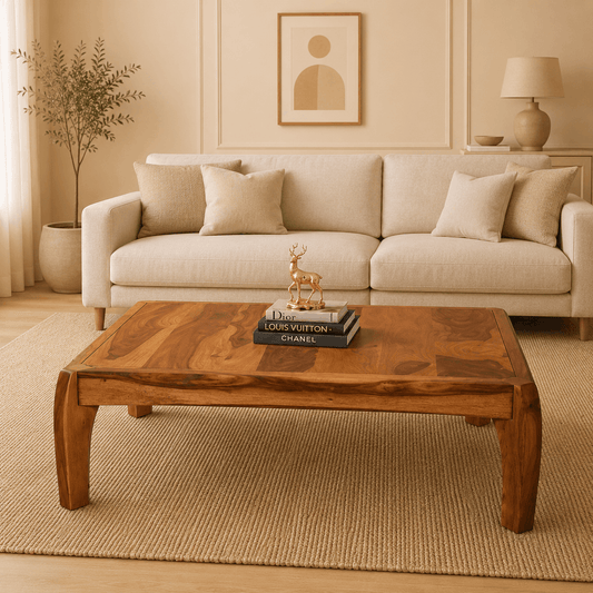 Beige sofa with decorative pillows and a wooden coffee table in a living room setting.