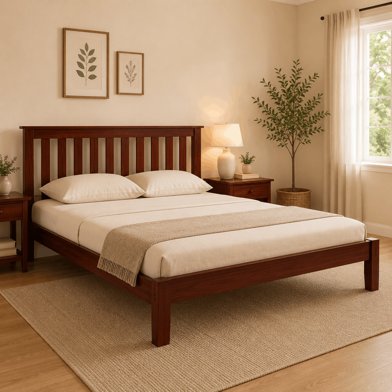 Wooden bed in a bedroom with beige walls, a lamp, and decorative elements.
