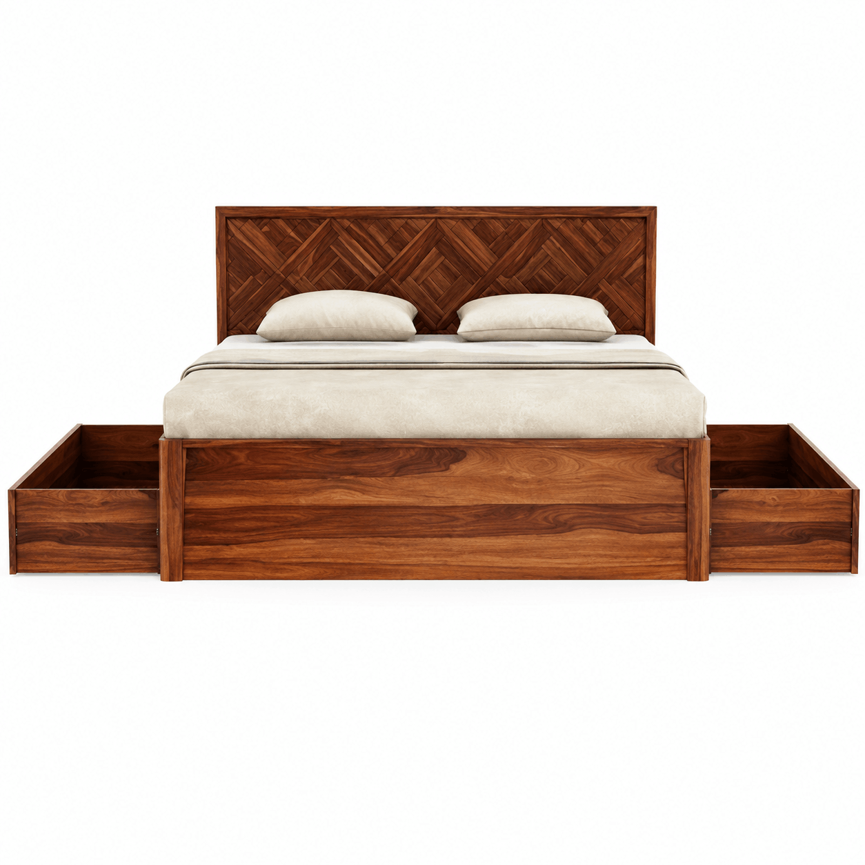 Wooden bed with storage drawers and a diamond patterned headboard on a white background
