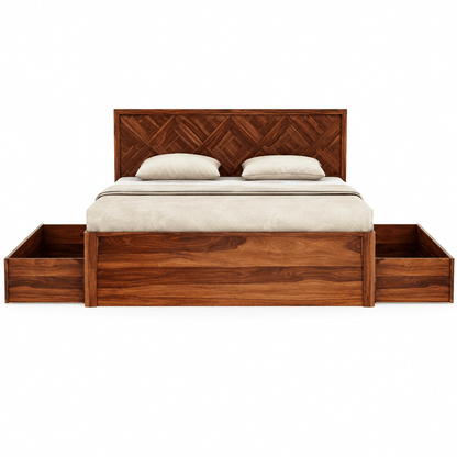 Wooden bed with storage drawers and a diamond patterned headboard on a white background