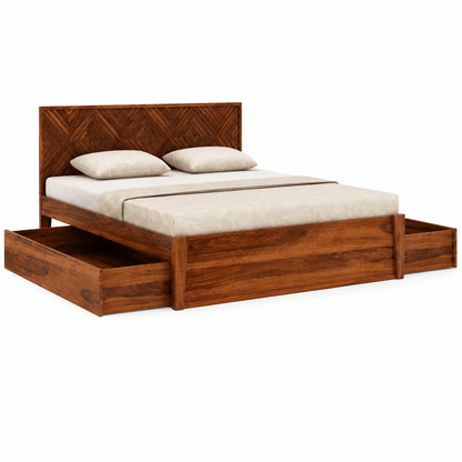 Wooden bed with storage drawers and white bedding on a white background