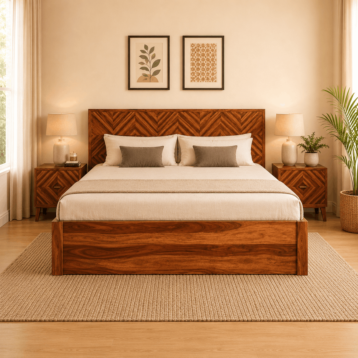 Wooden bed in a bedroom with matching nightstands and decor
