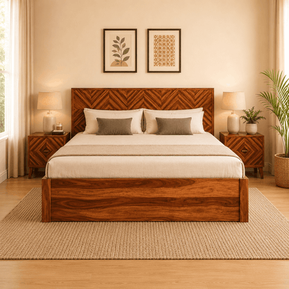 Wooden bed in a bedroom with matching nightstands and decor