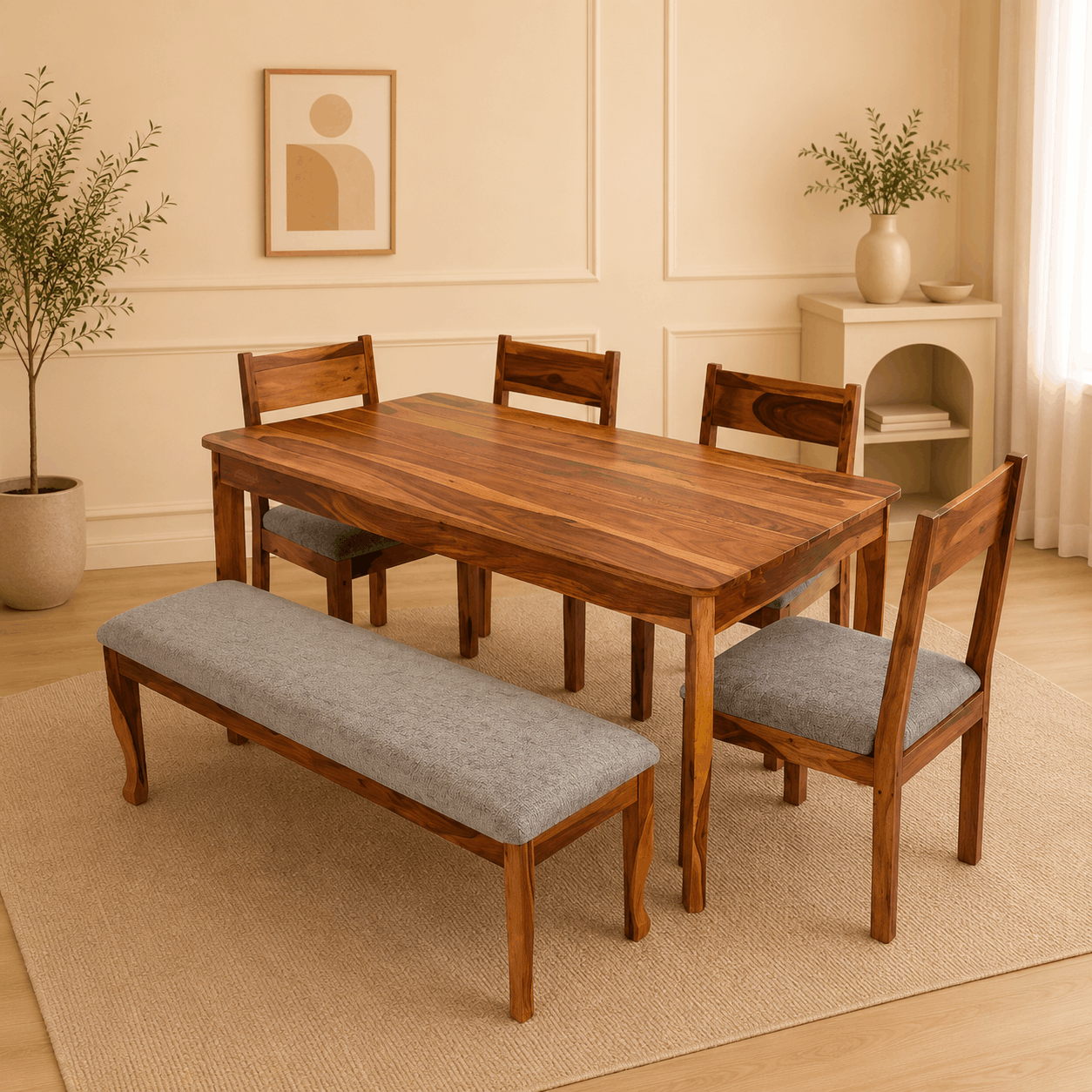 Dining room with wooden table, chairs, and bench in a well-lit room.