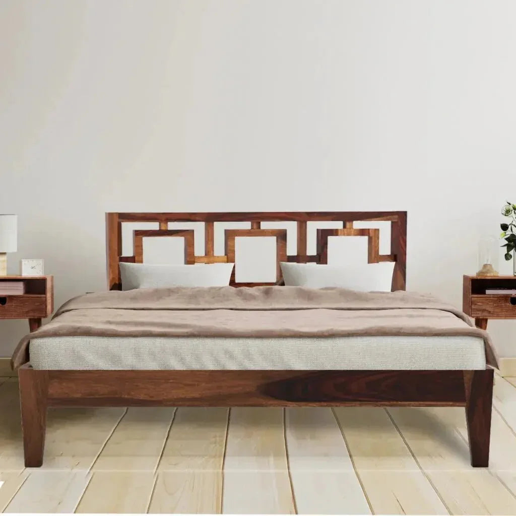 Gorry solid wood queen size bed with walnut finish and geometric wooden headboard design in modern bedroom setup.