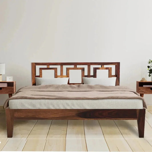 Gorry solid wood queen size bed with walnut finish and geometric wooden headboard design in modern bedroom setup.
