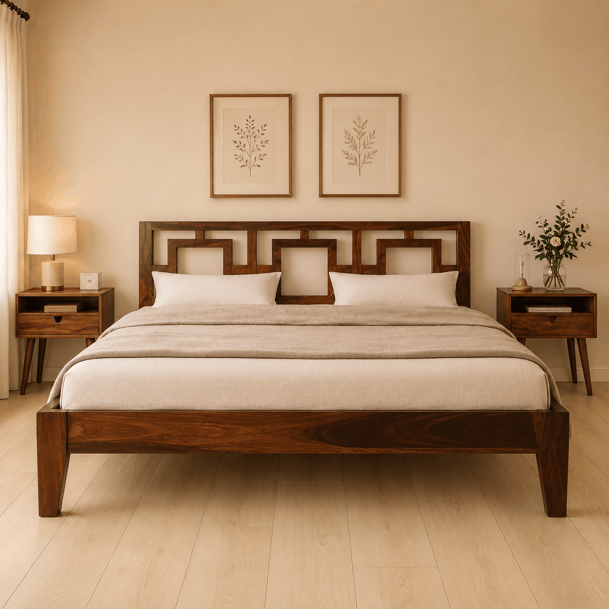 Wooden bed in a bedroom with matching nightstands and wall art.