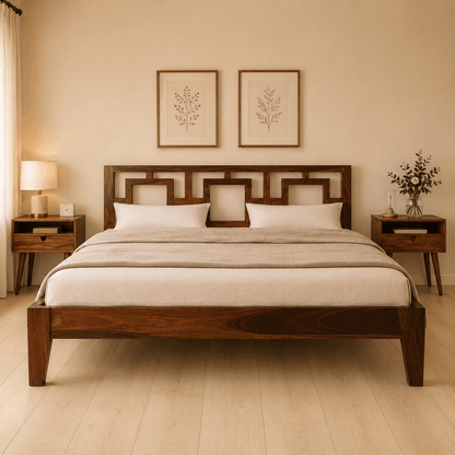 Wooden bed in a bedroom with matching nightstands and wall art.