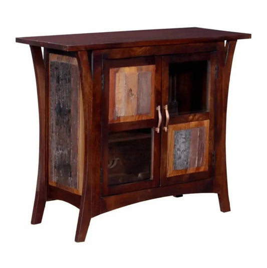 Solid wood bar cabinet in walnut finish, handcrafted by Ferrowoods, modern rustic style