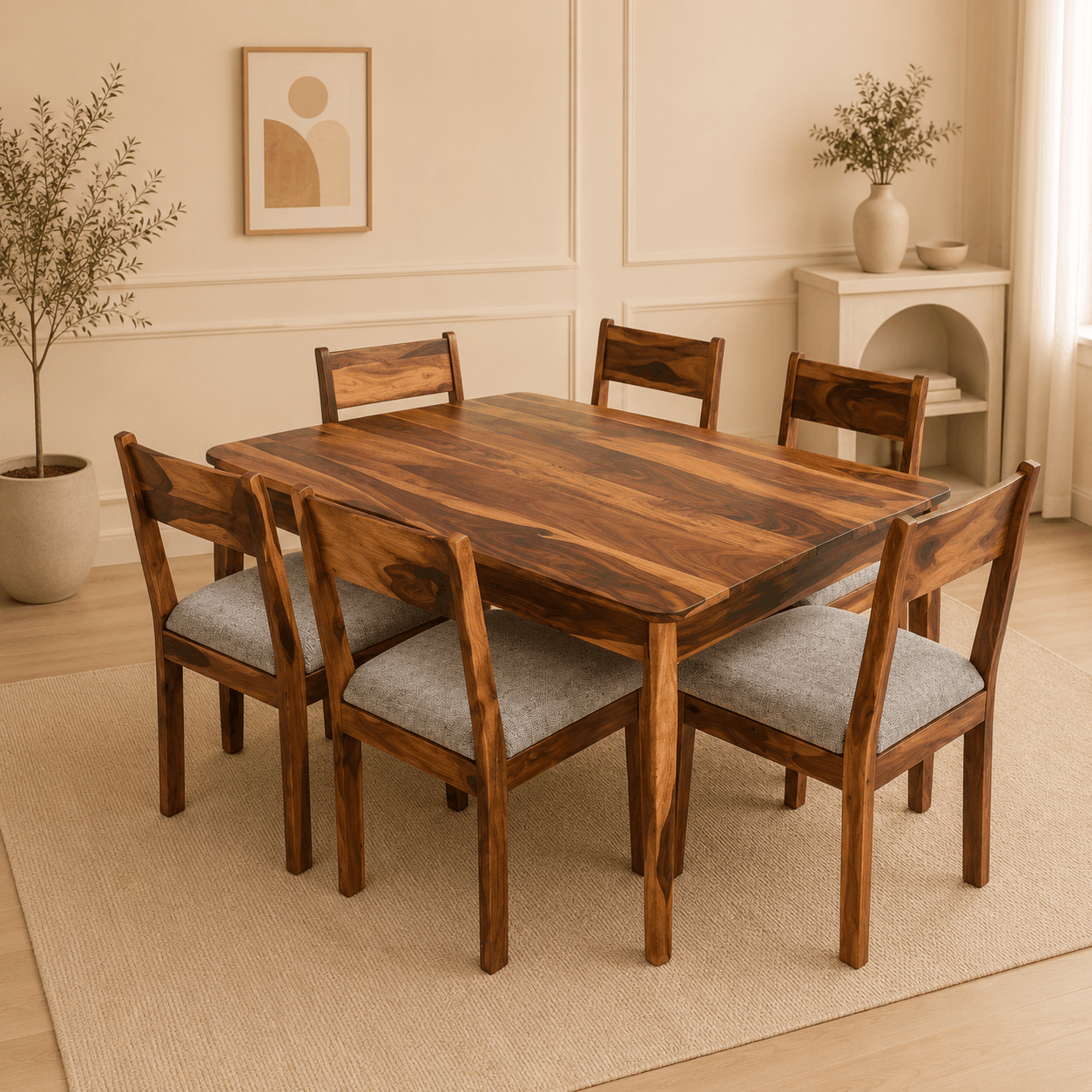 Wooden dining table with chairs in a room with a plant and shelf.