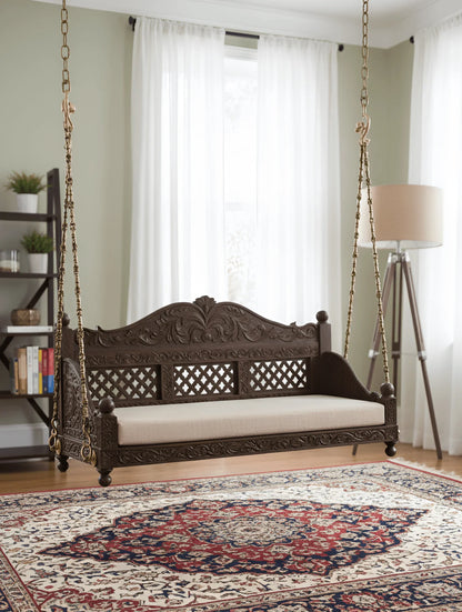 Handcrafted Wooden Jhoola Swing with Brass Chains & Cushion | Traditional Royal Carved Design - Ferrowoods