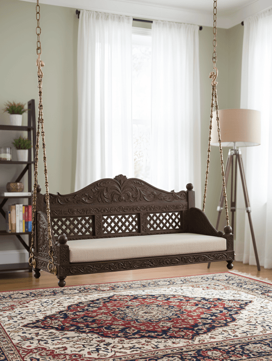 Handcrafted Wooden Jhoola Swing with Brass Chains & Cushion | Traditional Royal Carved Designswing jhula porchFerrowoods
