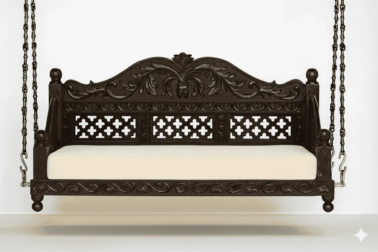 Handcrafted Wooden Jhoola Swing with Brass Chains & Cushion | Traditional Royal Carved Design - Ferrowoods