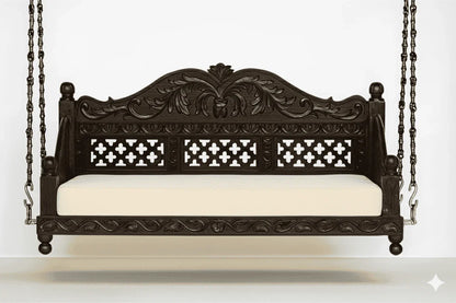 Handcrafted Wooden Jhoola Swing with Brass Chains & Cushion | Traditional Royal Carved Design - Ferrowoods