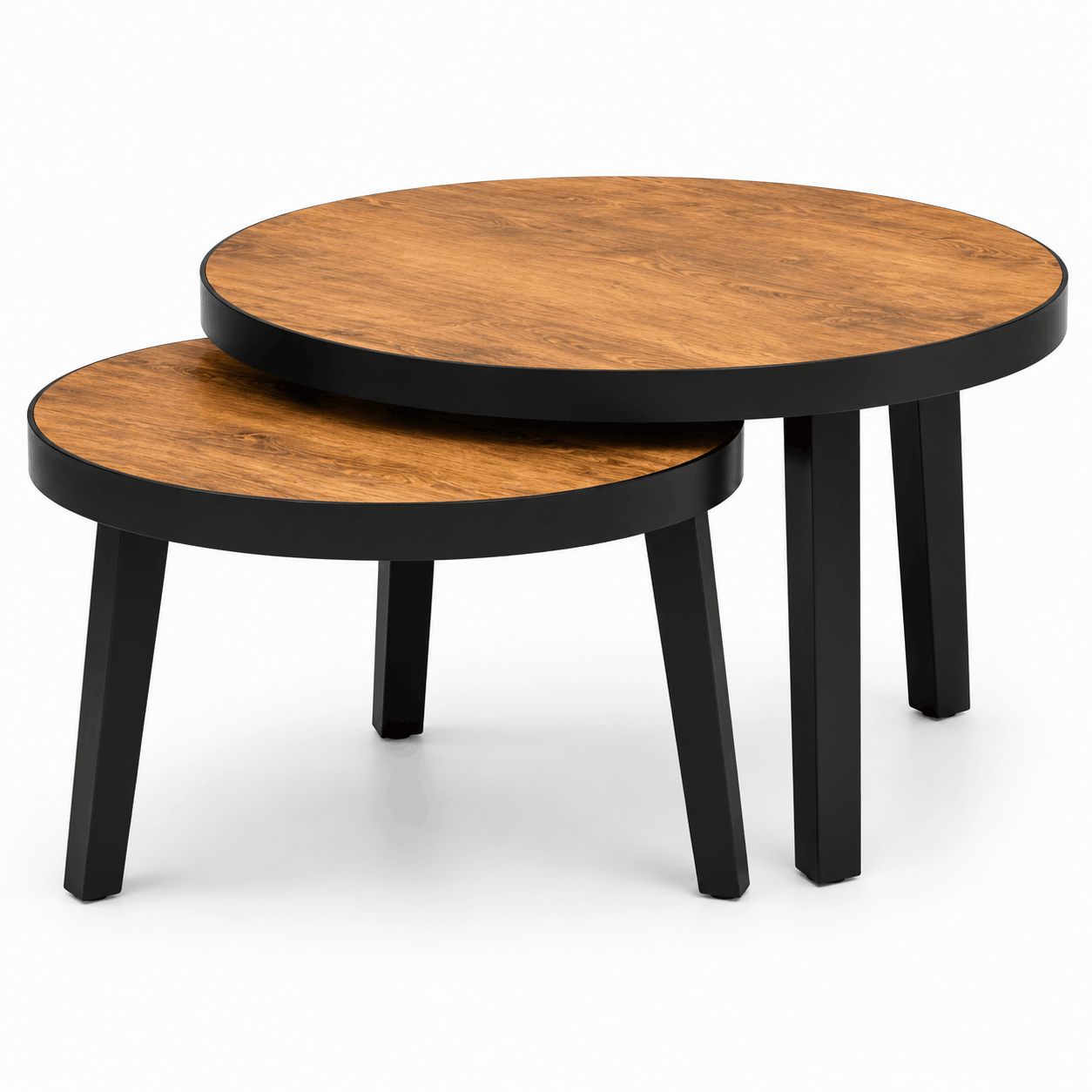 Two nested wooden tables with black legs on a white background