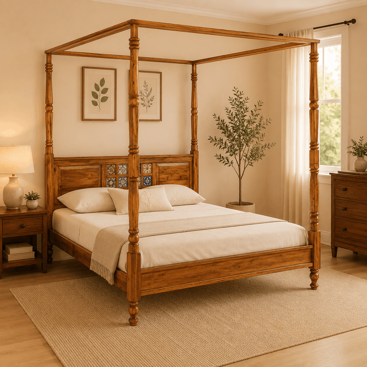 Wooden four-poster bed in a bedroom with decor elements.