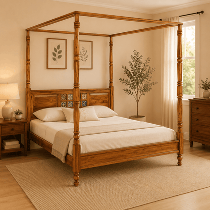 Wooden four-poster bed in a bedroom with decor elements.