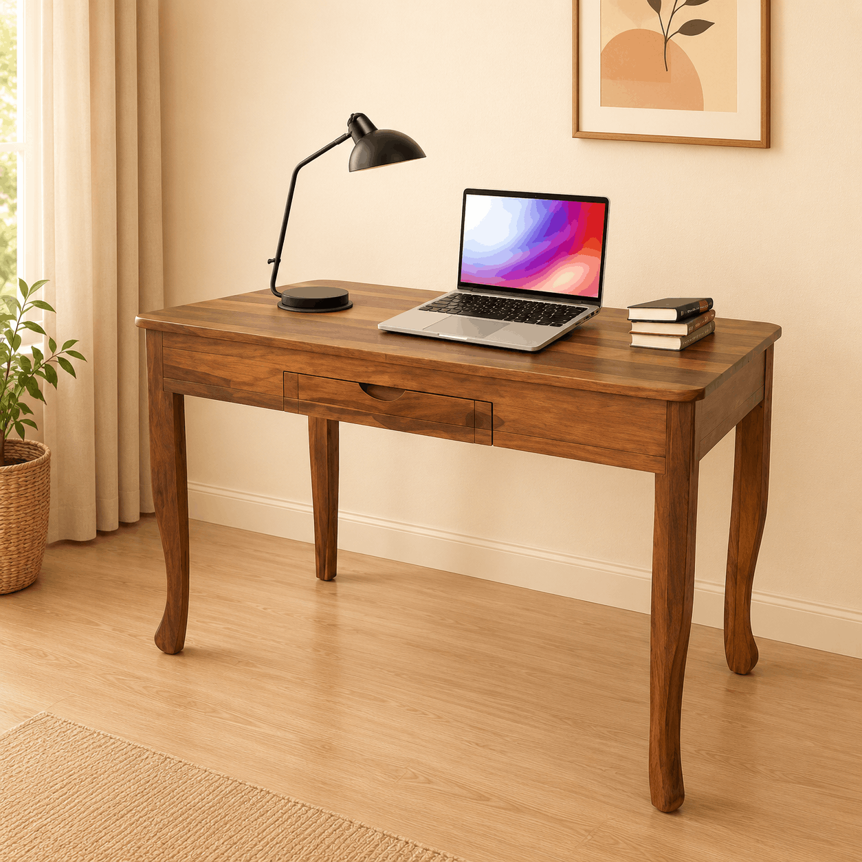 Wooden desk with a laptop, lamp, and books in a home office setting.