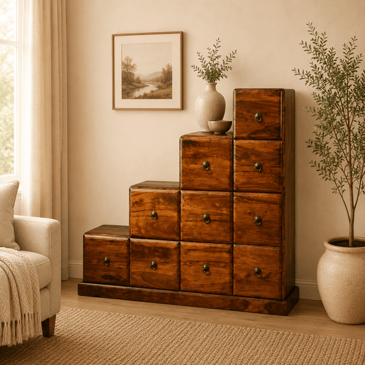 Wooden dresser with multiple drawers in a room with a plant and framed picture on the wall.