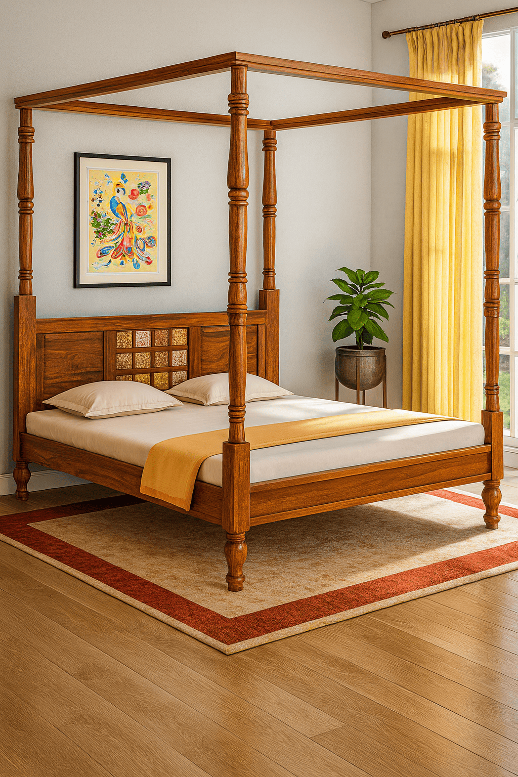 HRAY SOLID WOOD POSTER BED IN HONEY FINISHFerrowoods