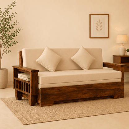 Wooden sofa with beige cushions in a living room setting