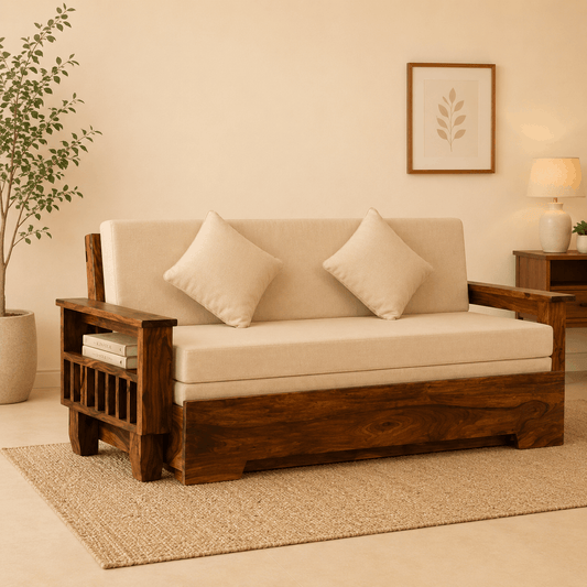 Wooden sofa with beige cushions in a living room setting