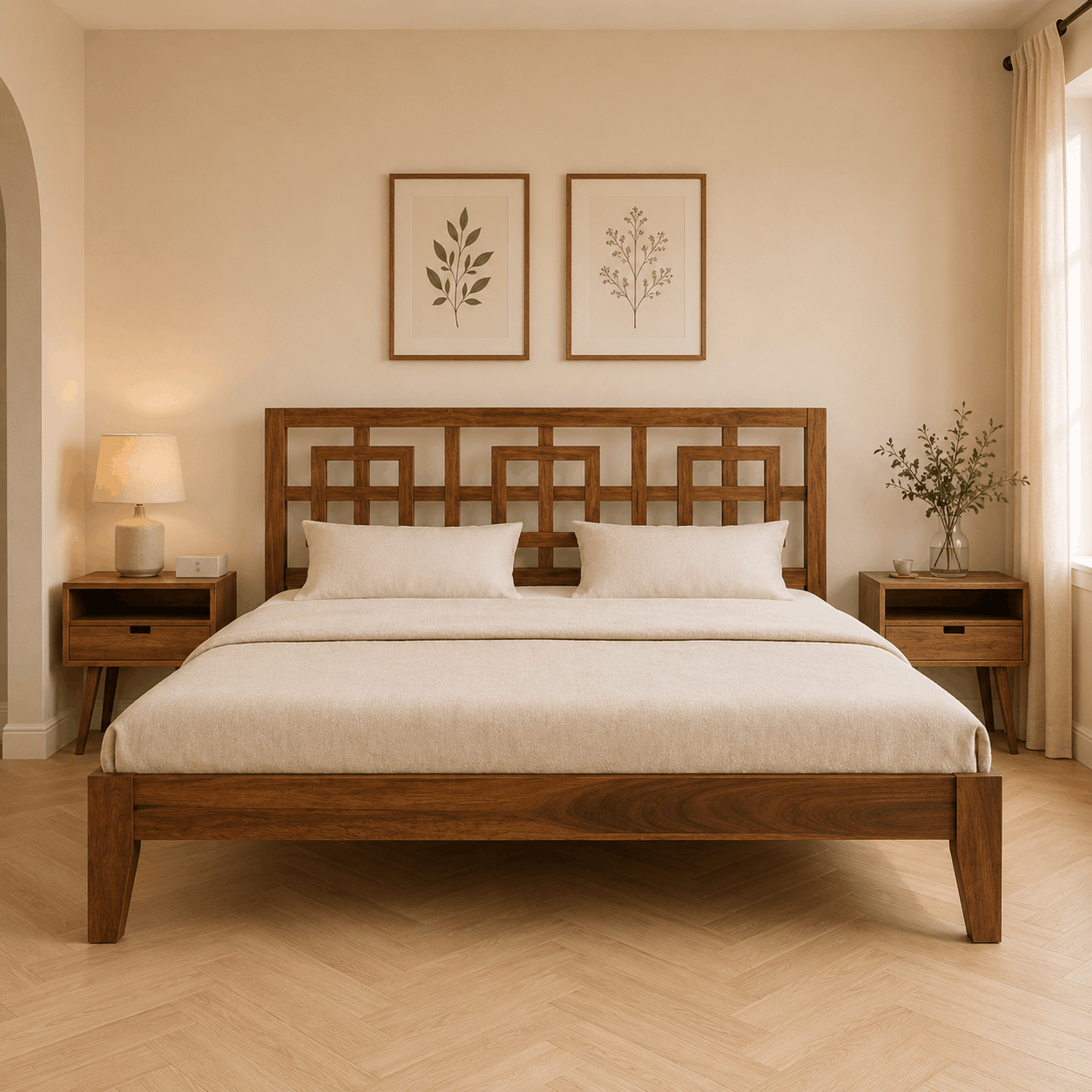 Wooden bed in a bedroom with decorative elements