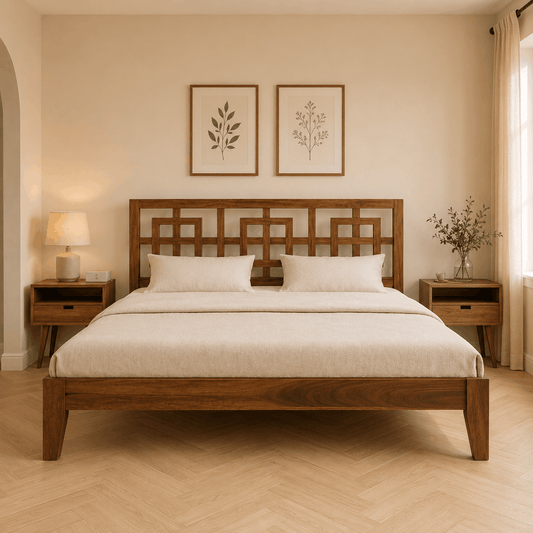 Wooden bed in a bedroom with decorative elements