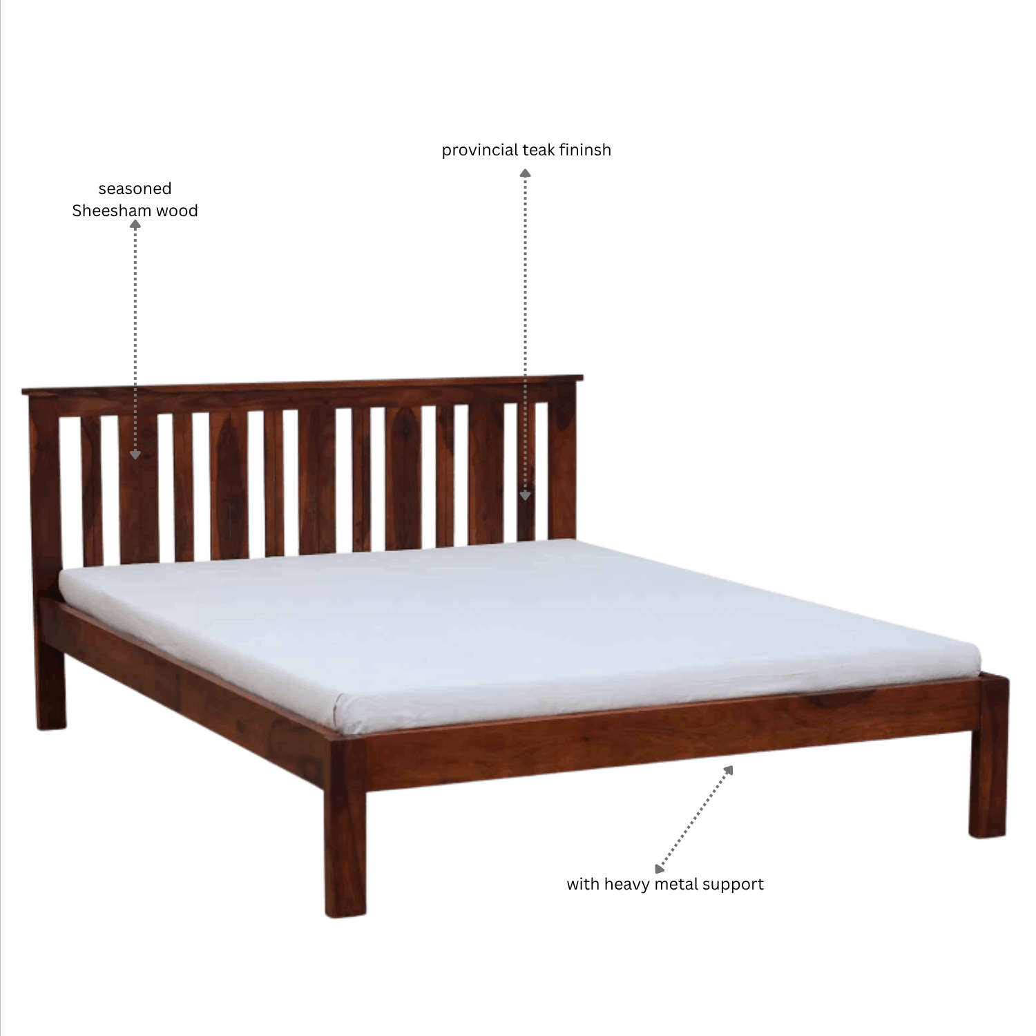 Wooden bed with white mattress on a white background