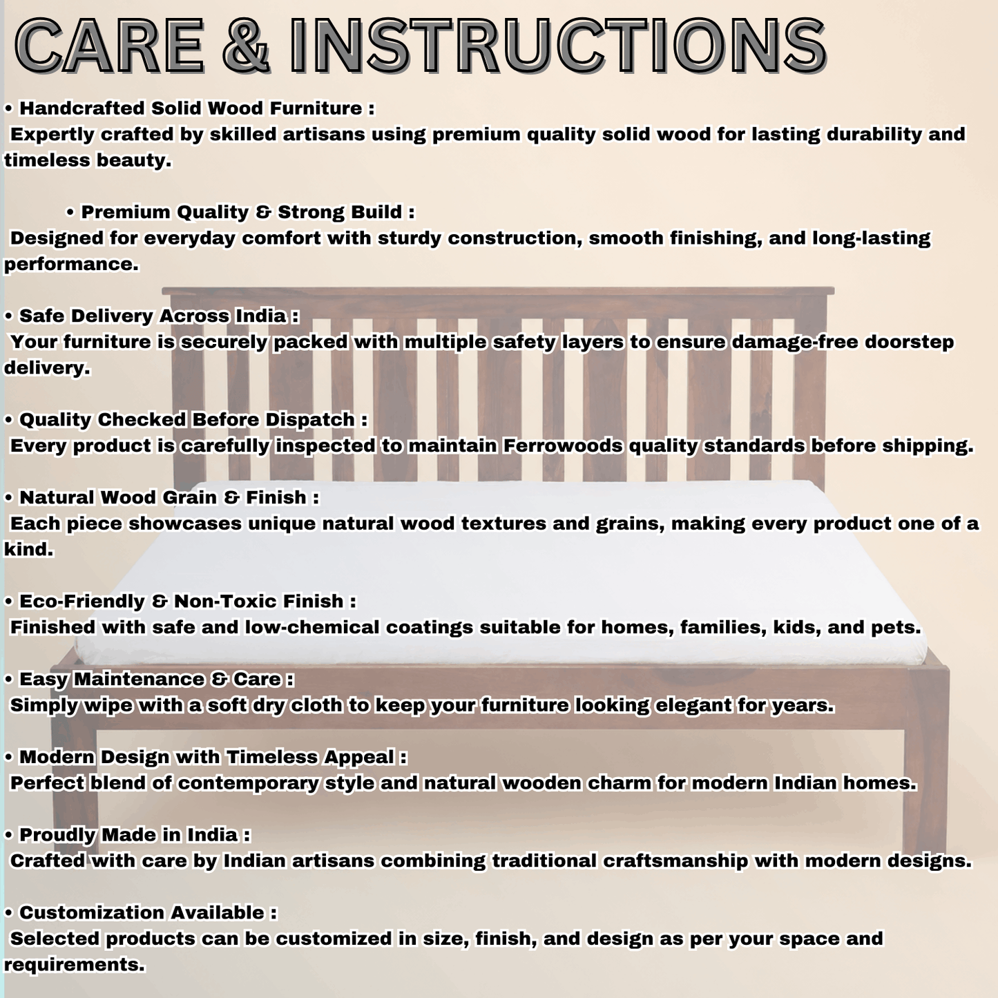 Care and instructions for solid wood furniture with a wooden bed in the background.