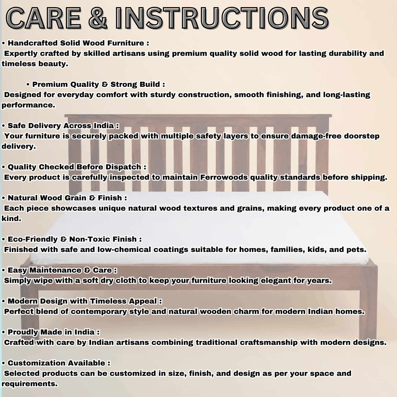 Care and instructions for solid wood furniture with a wooden bed in the background.