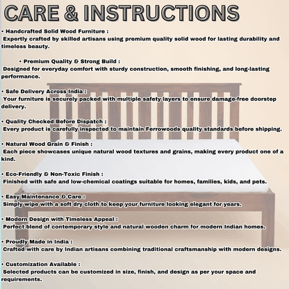 Care and instructions for solid wood furniture with a wooden bed in the background.