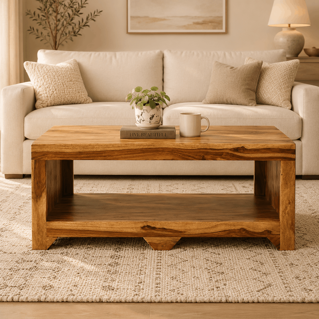 Wooden coffee table in front of a beige sofa with decorative items.