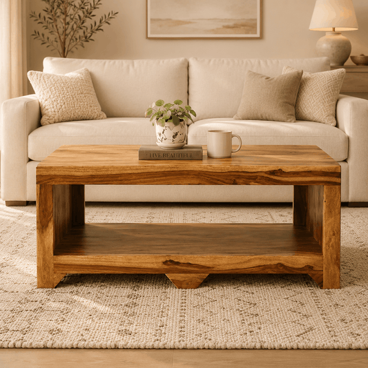 Wooden coffee table in front of a beige sofa with decorative items.