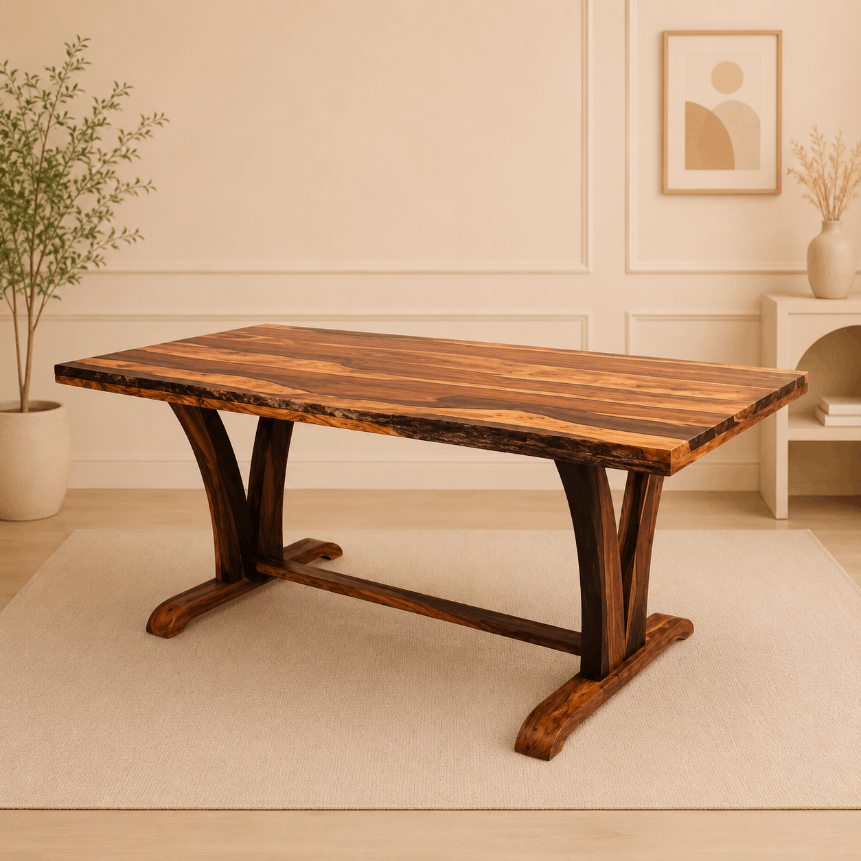 Wooden dining table in a room with a plant and wall art