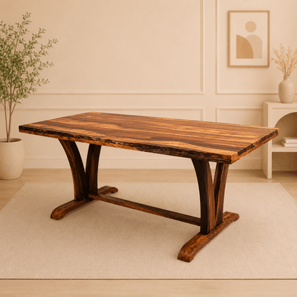 Wooden dining table in a room with a plant and wall art