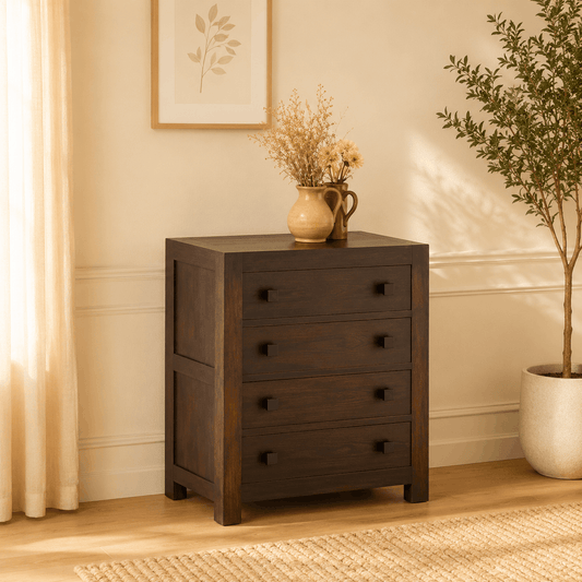 Wooden dresser with three drawers in a room with a plant and framed picture on the wall.