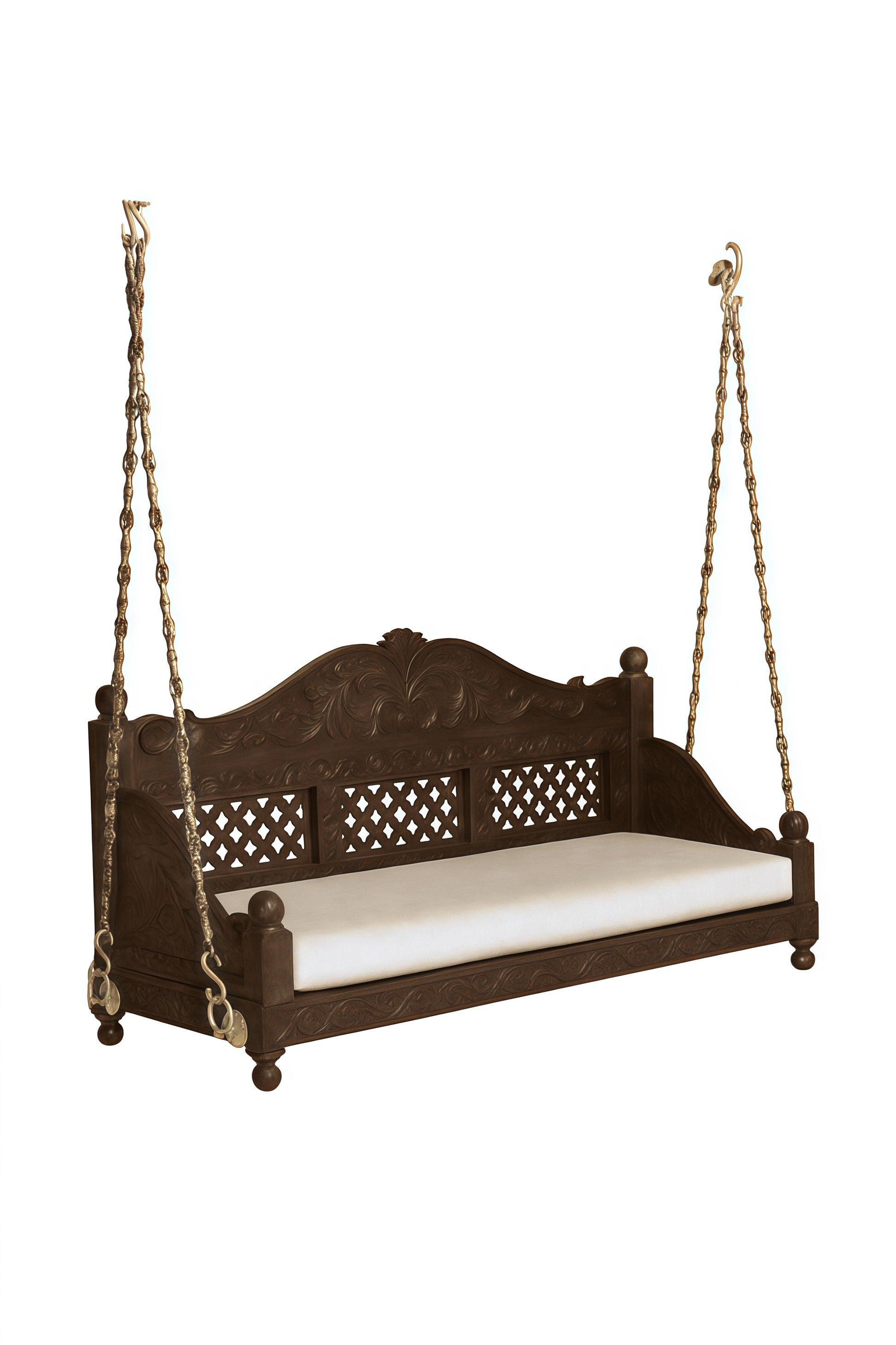 Handcrafted Wooden Jhoola Swing with Brass Chains & Cushion | Traditional Royal Carved Design
