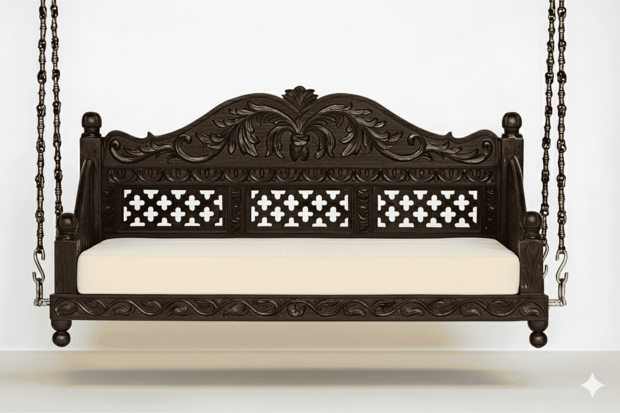 Handcrafted Wooden Jhoola Swing with Brass Chains & Cushion | Traditional Royal Carved Design