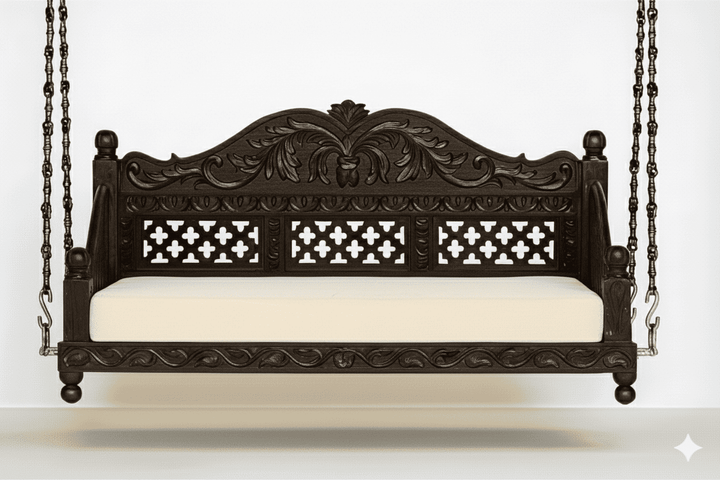 Handcrafted Wooden Jhoola Swing with Brass Chains & Cushion | Traditional Royal Carved Design