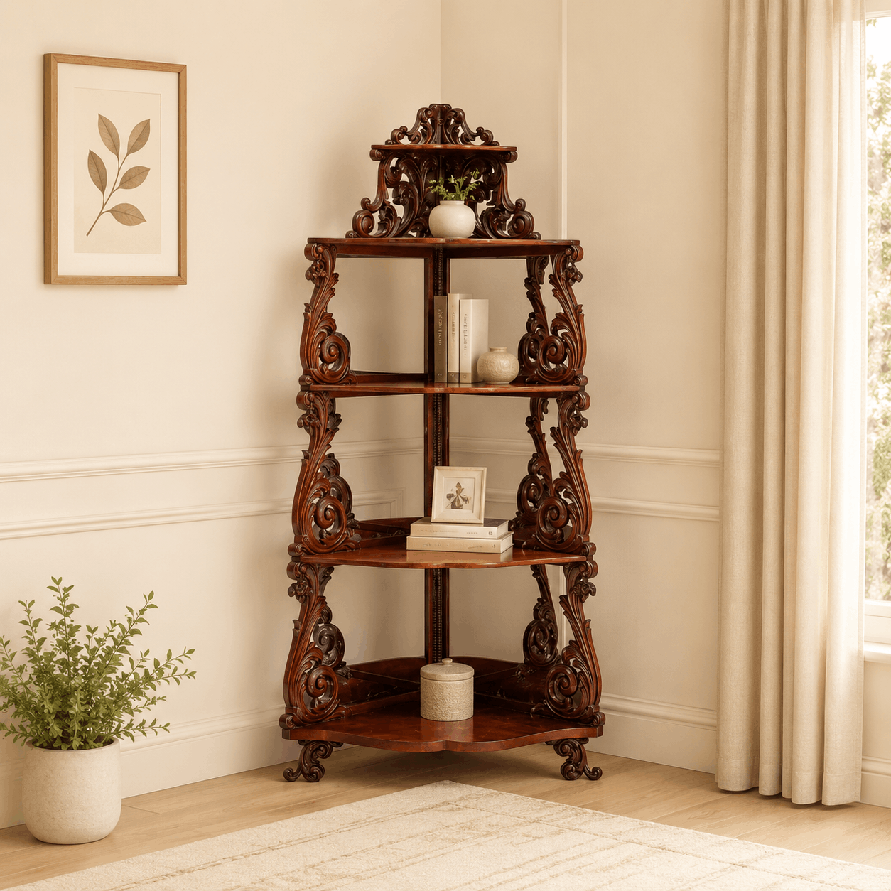 Carved wooden shelf in a room with decor elements