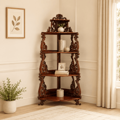 Carved wooden shelf in a room with decor elements