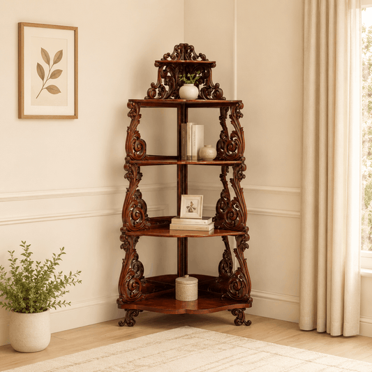 Carved wooden shelf in a room with decor elements
