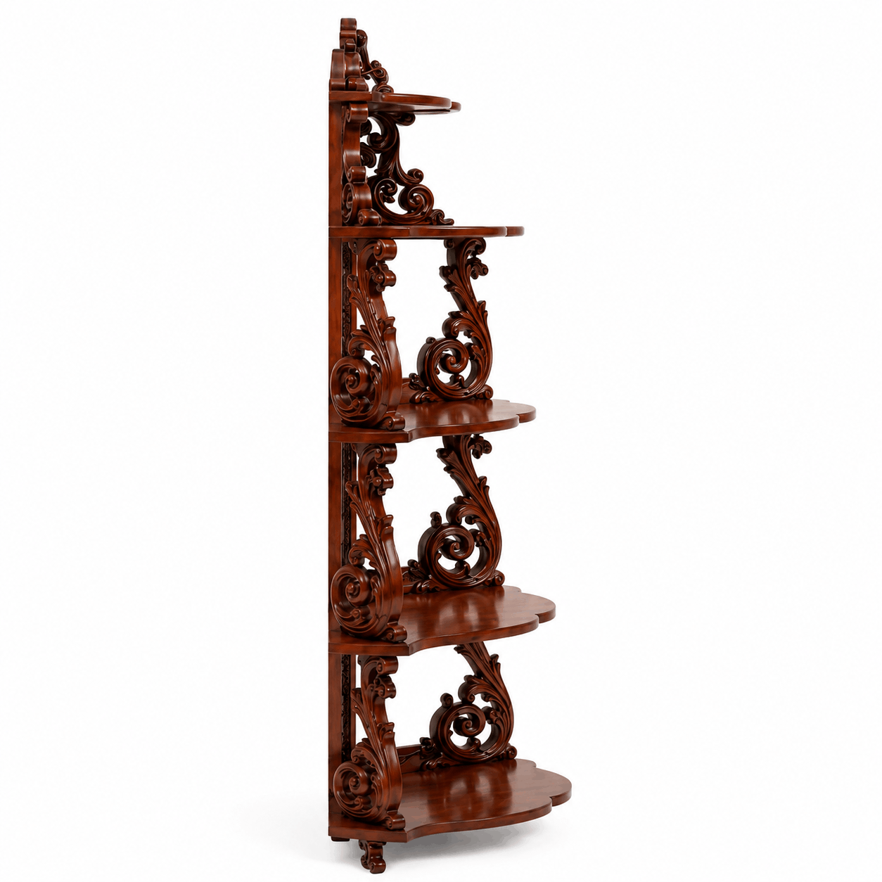 Wooden shelf with intricate carvings on a white background