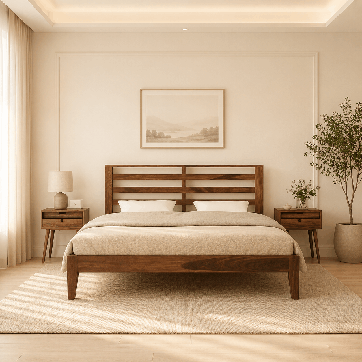 Wooden bed in a bedroom with neutral decor